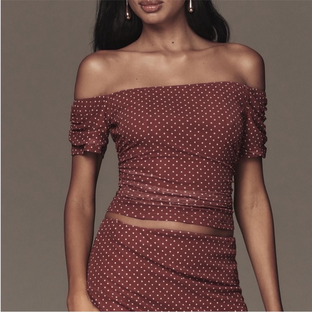Anthropologie The Frolic Burgundy Polka Dot Off-Shoulder Crop Top